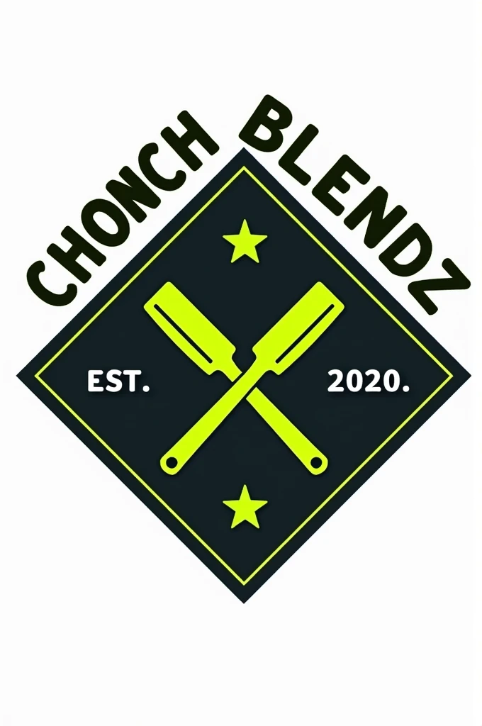 Create a flat vector, illustrative-style emblem logo design for 'ChonchBlendz' established in 2020 , featuring a diamond badge with modern straight razors crossed in the center of the company name arched above and below. Use neon green and black colors to convey trust , premium service and a luxury experience against a white background.