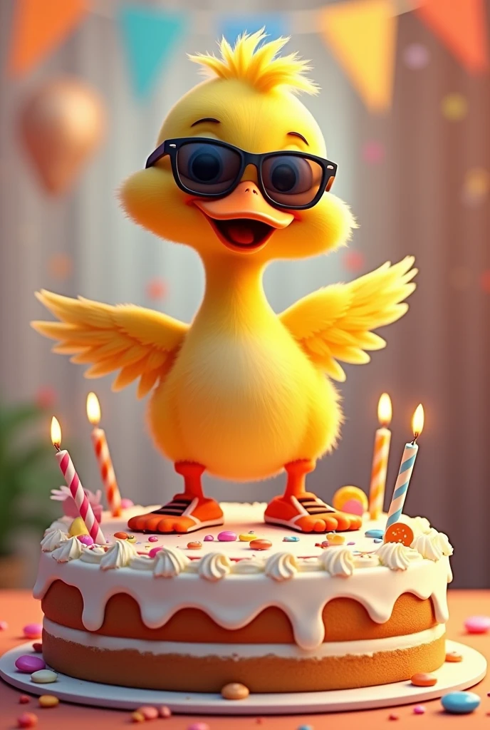 I want an animated duck with running shoes and running sunglasses on a birthday cake