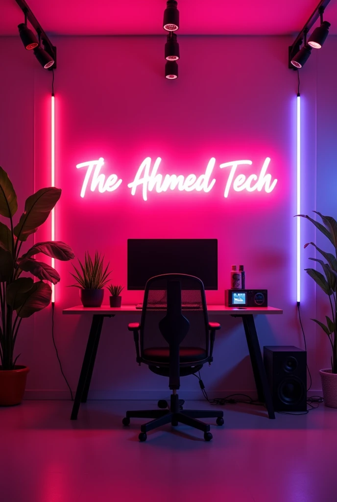 Create
a studio room with computer setup inside, on
the wall behind as a bright neon glowing
Write channel name ( The Ahmed Tech)