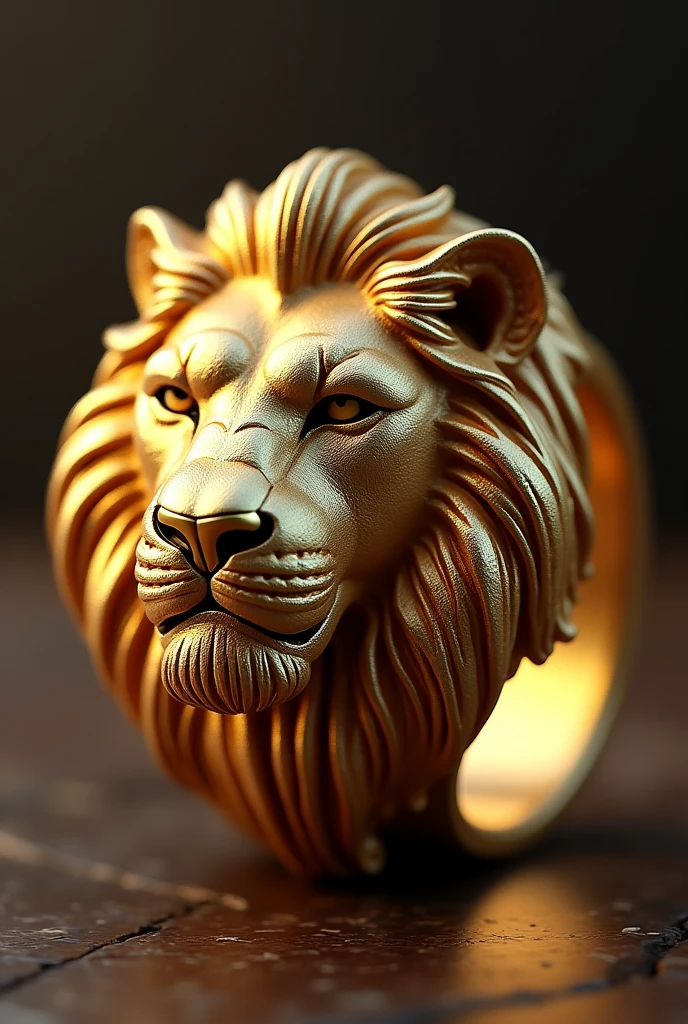Make me a gold-colored 3D ring for men and on the surface the image of a lion and that in the right eye it has a scar