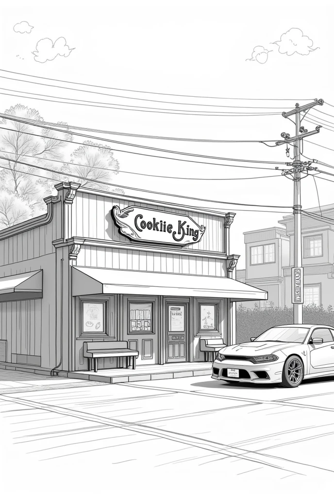 Design a small cookie shop front, no people in the picture. The shop is located on the side of the road. The shop name is Cookie King. Line drawing style. Request a longer shop front with a seat for waiting. Request a single floor. Similar to the previous one. Horizontal. Request this style but with R34 and R35 cars. Go back to the previous one.