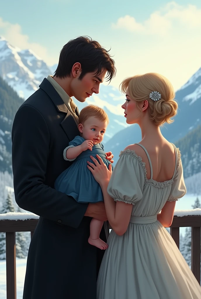 A couple without hugging, The man is dressed in black, a little robust, he is with his back turned and the woman has short blonde hair wearing a white country dress with straps looking at the dark-haired baby in the arms of the man wearing a blue dress and a white brooch, on a balcony overlooking a landscape of snowy mountains