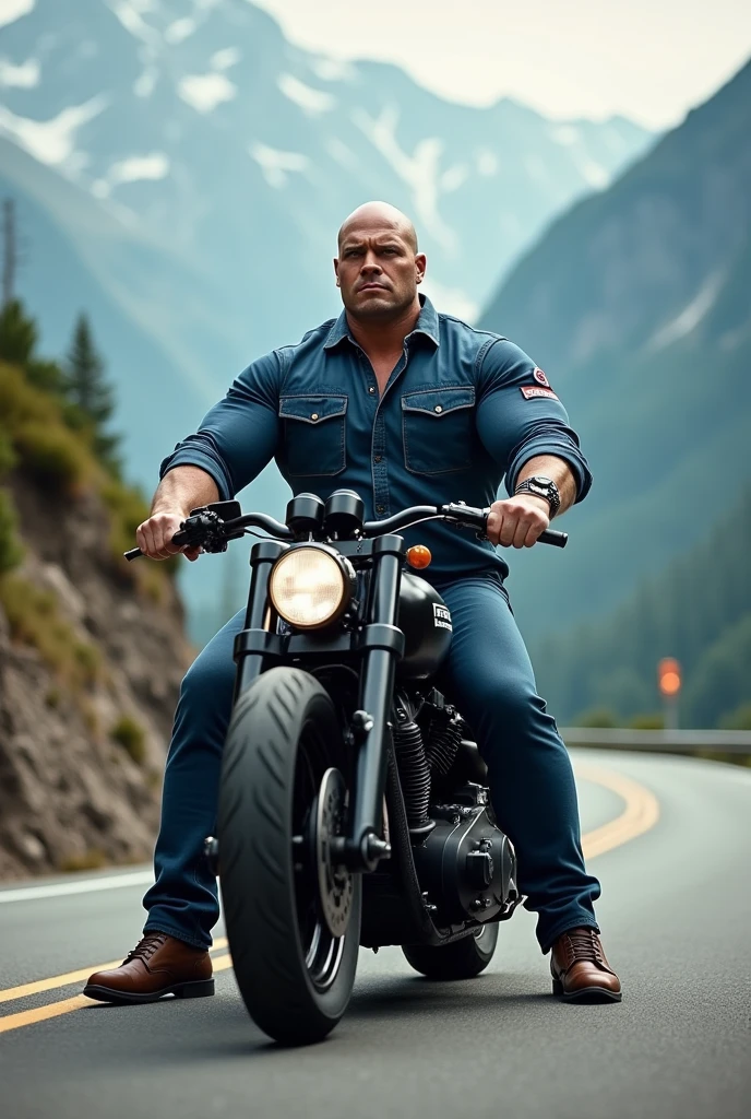 Big body builder white bald men wearing blue double pocket shirt with logos at mountain highway on heavy motor bike