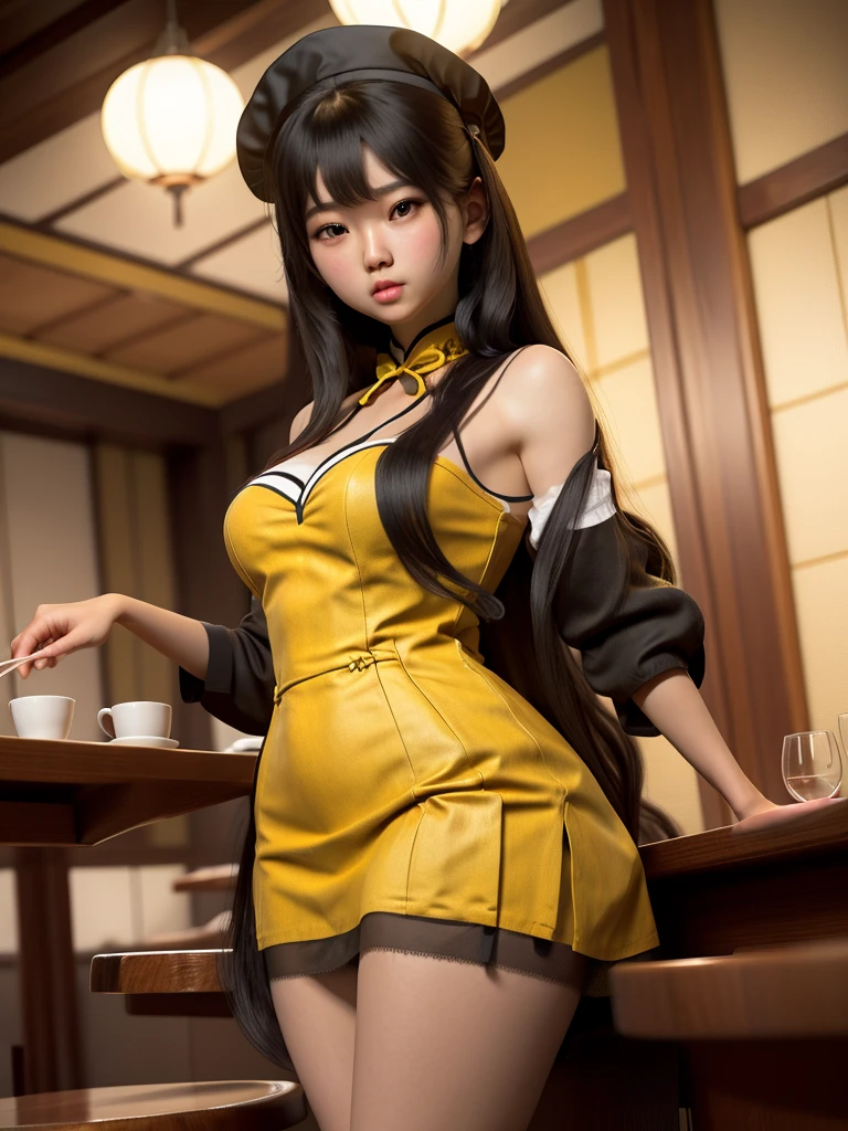 girl in a yellow dress Japanese stockings black hair in the restaurant