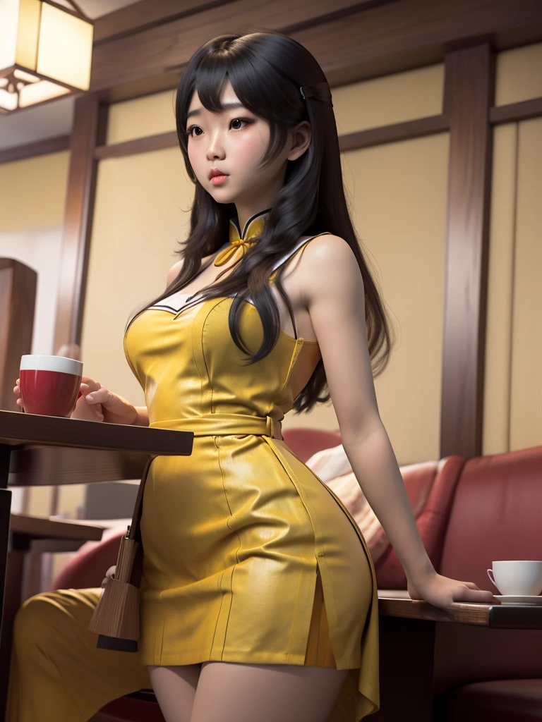 girl in a yellow dress Japanese stockings black hair in the restaurant