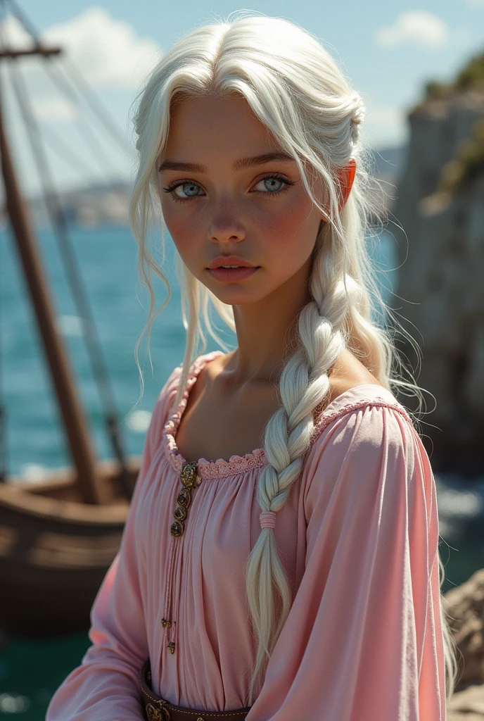 Make a realistic image of a 1 girl Black cashew skin , white hair and blue-gray eyes.
She is wearing a pink medieval dress, and is in a medieval maritime setting. 