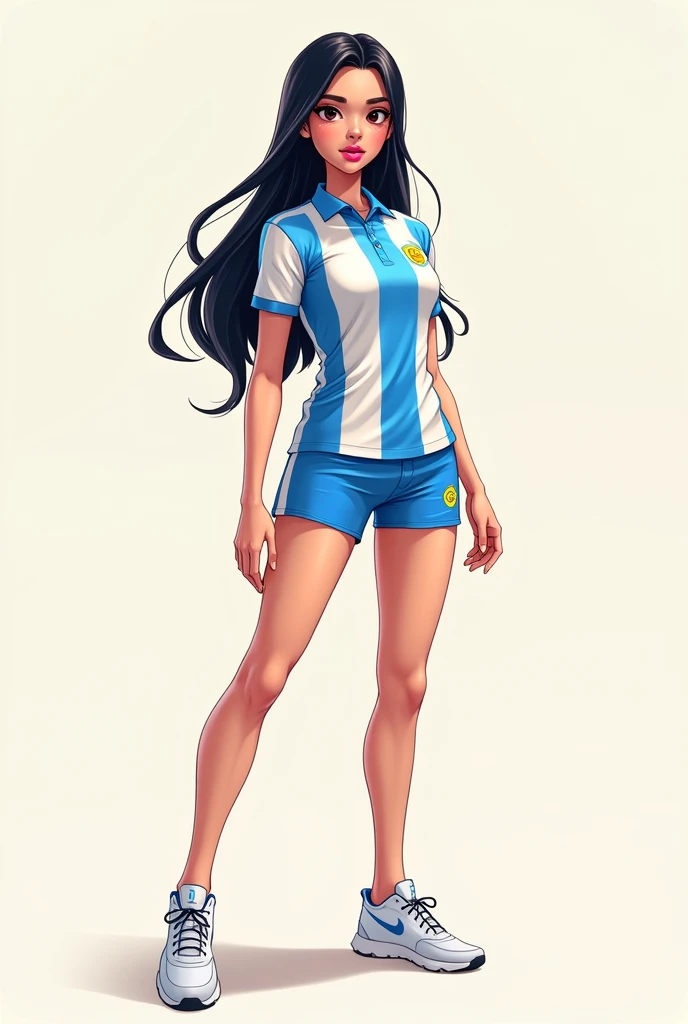 Cartoon of a volleyball player wearing a uniform from the Argentine Force team, polo shirt and shorts, white sneakers, straight hair to the waist in black, Height 1.70, almond eyes, thin, thin face, thin fuchsia lips under,