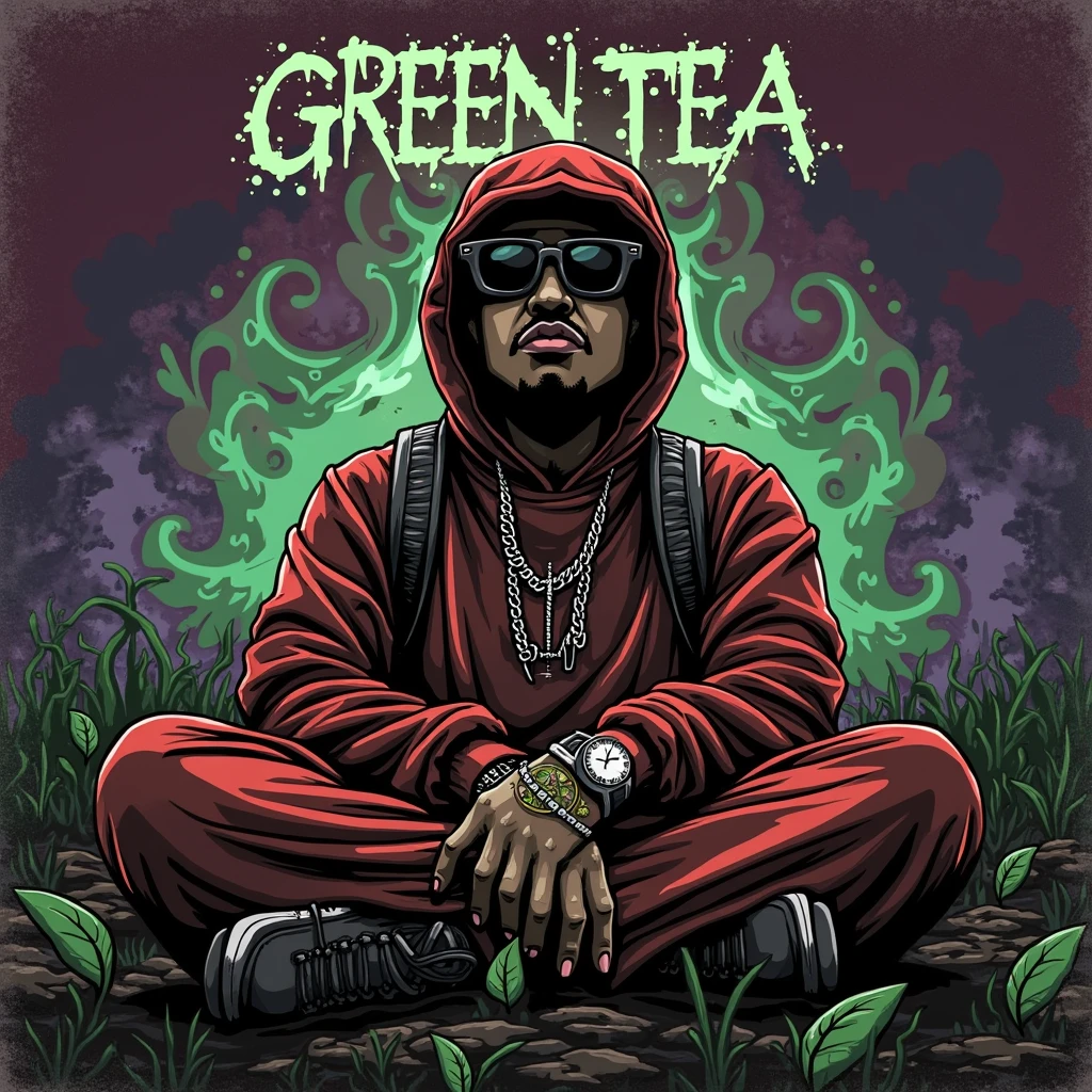 colored album art, hip hop music album cover, rap album cover, Green background, green tea