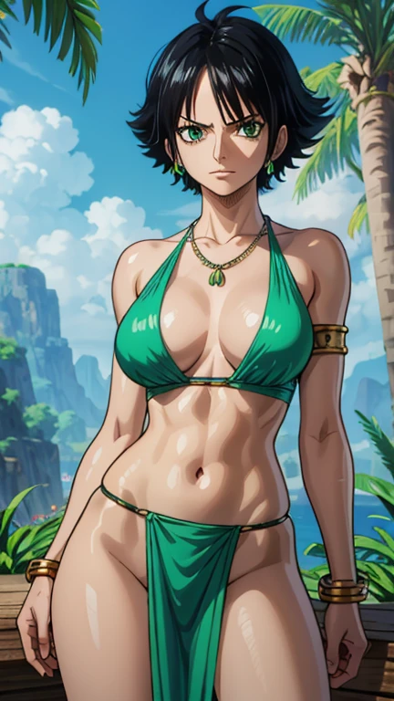 (buttercup,1girl), (extremely detailed CG unit 8k wallpaper),(master part), (best quality), (ultra detail), (best illustration),(melhor ombre), cowboy shot, (Sharp eyeliner, ombre, detailed eyes:1), exotic jungle, break , (one piece style), femloin, loincloth, pelvic curtain, tribal, necklace, armband, bracelet, vagina peek, animal print, upper body, black hair, green eyes, short hair, messy hai