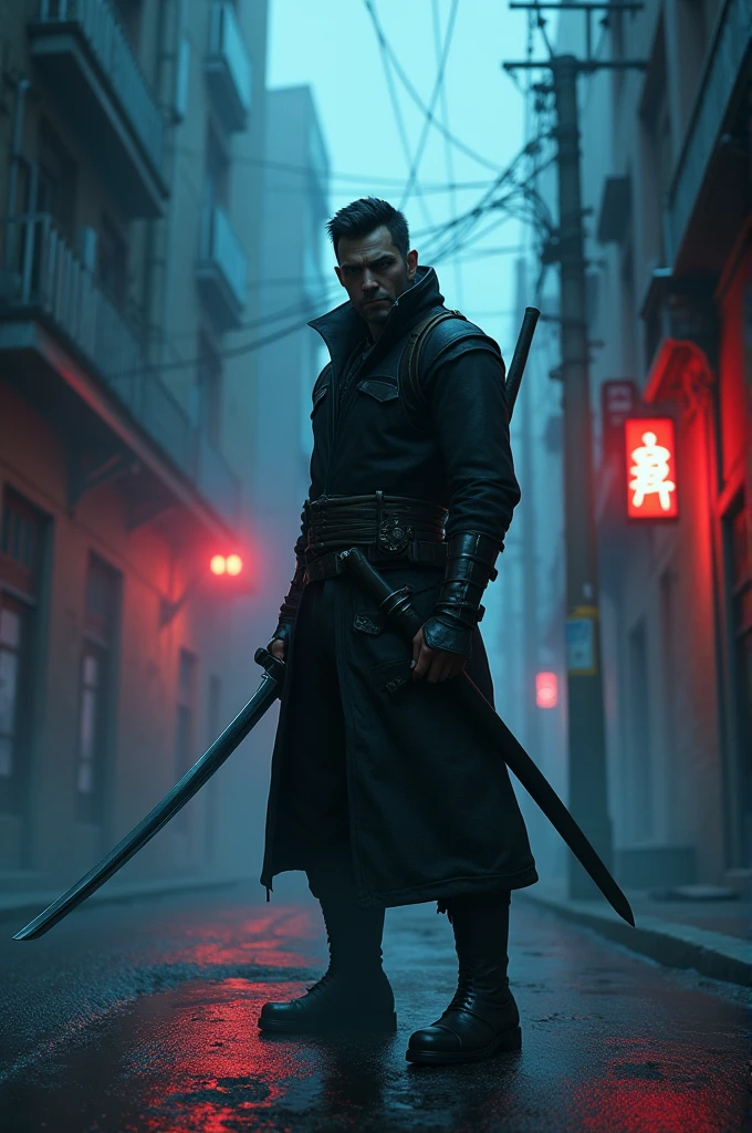 Video game character with deadly katana in hand, standing on a lonely street, dramatic lighting. Red and blue lights