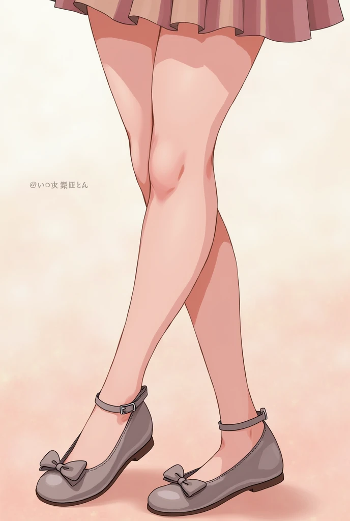 Generates an anime girl showing her legs wearing flat shoes with a bow and ankle strap