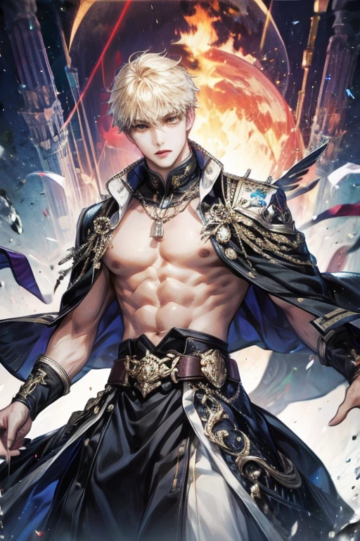 Japanese male model, adult, handsome, perfect face, detailed eyes and face, clean shaved, sixpack realistic, white eyebrow hair, white eyelashes, dynamic lighting, unreal engine 5, hd picture, satoru gojo, white hair, short hair ,hair between eyes ,blue eyes, white skin