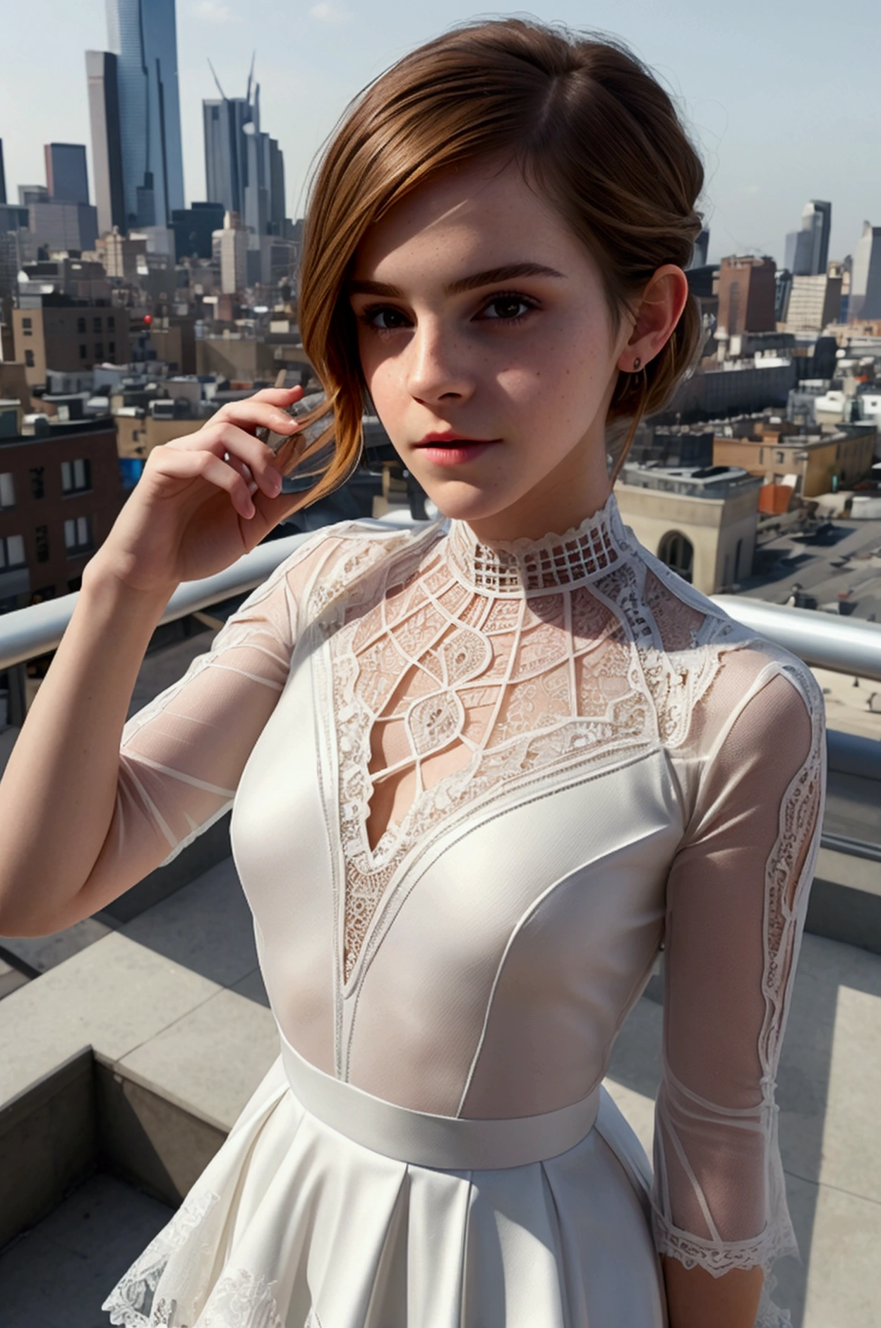 Emma watson, A girl，Wearing a gummy white Spider-Man dress，Stand on the roof of the city，Exquisite facial features，A seductive pose，Lace pleated skirt，White stockings with lace，A large glowing Spider-Man mark on his chest，cabellos largos dorados，Blue glowing pupils，
