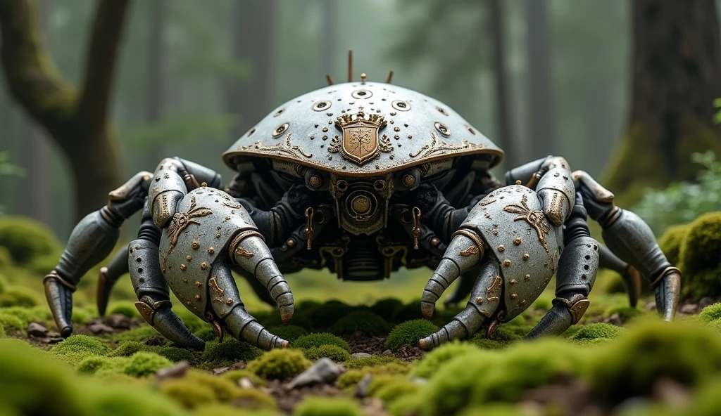 A robot with a crab-like brain、Detailed skin、Actual item、in the forest、moss、Medieval Armor、Ancient Technology、royal coat of arms