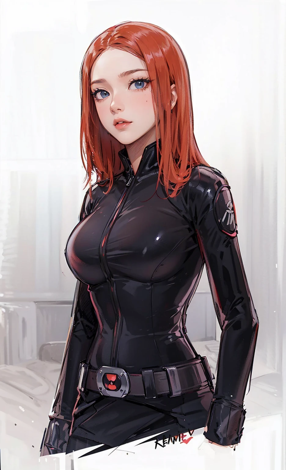 The image depicts Black Widow. She is illustrated with bright red, shoulder-length hair and blue eyes, and is clad in a sleek skin-tight shiny black latex bodysuit with a black silver zipper running down the front. The suit is complemented by her shiny iron wrist guard on both wrists and a metal belt with a buckle that features a red hourglass mark. Her gaze is intent and directed off-screen, implying alertness and focus on an unseen threat or target. She appears with a cute smile on her face. The atmosphere of the image conveys confidence and resilience, characteristics synonymous with the Black Widow persona. The background of the image is an off-white color, which creates a subdued and timeless ambiance.