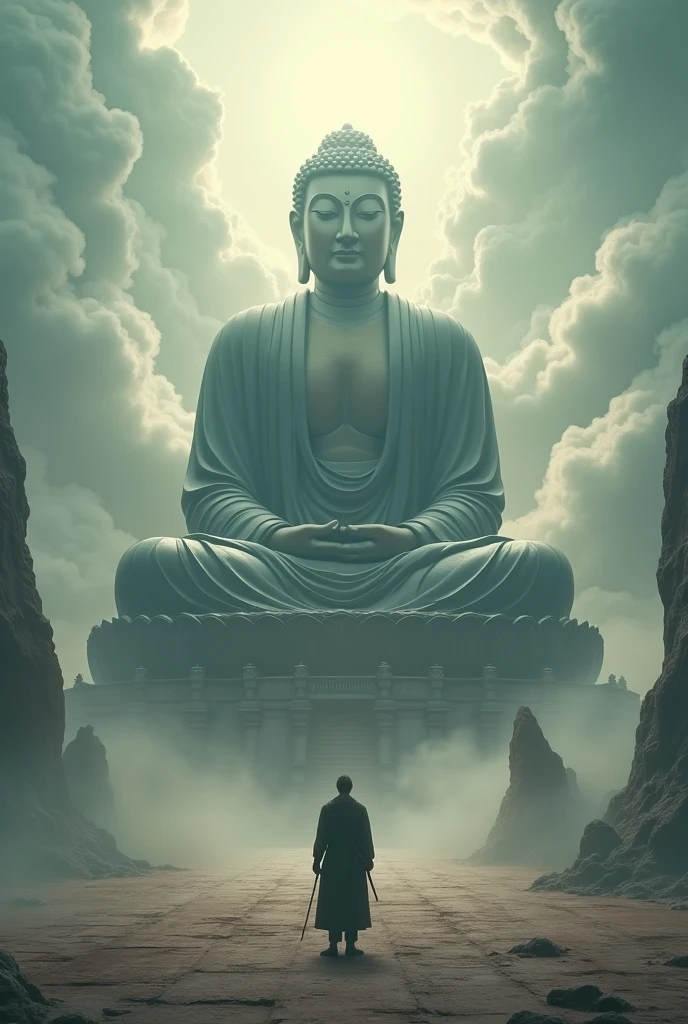 an epic scene with a huge sitting buddha statue the size of a mountain, buddha of a thousand hands, among the clouds, a lone human warrior looks up at the statue from the wide temple courtyard, low angle camera, highlighting the immense scale and power of the gods, the scene should feel overwhelming, the gods partially obscured by misty clouds and dramatic sun ray