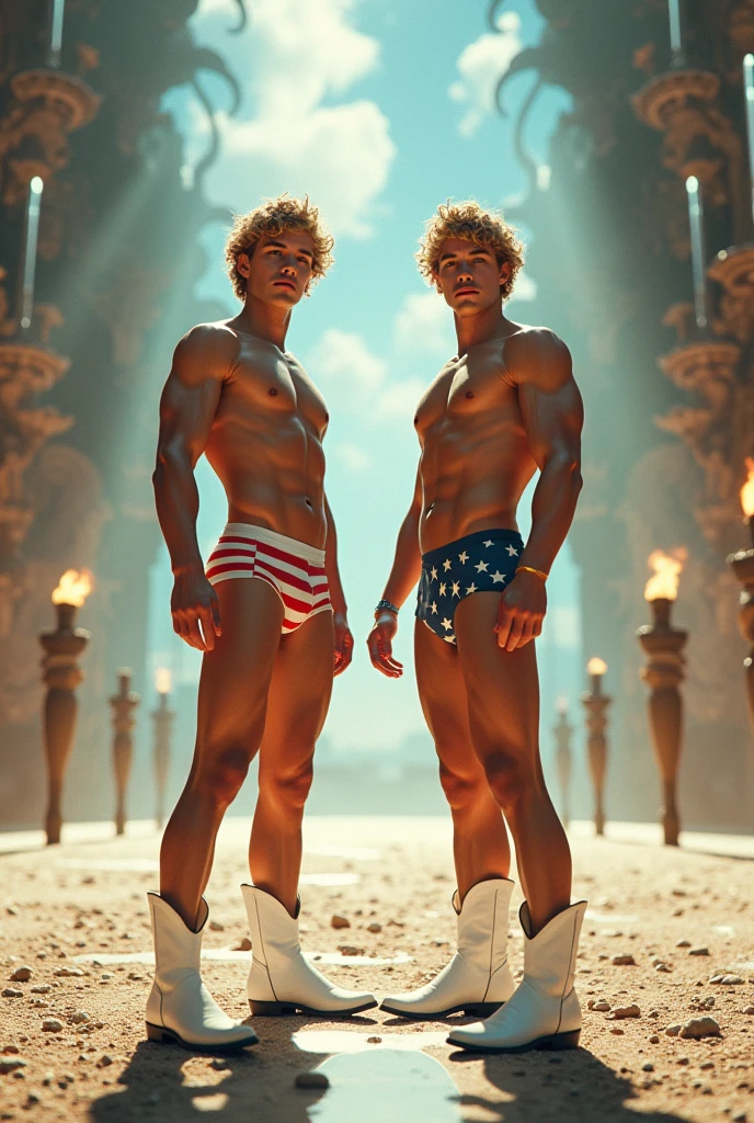 2boy, long shot, full body angle visible, face detail, arms detail, body detail, legs detail, feets detail, hands detail, male body, soft youthful face, slim male body, clear cold skin, curly blonde shoulder-length hair, boxer underwear with American flag print, a large pelvic bulge, detailed White cowboy boots on the feet, immense and grand rodeo field, gravel floor, an afternoon sky as seen in the background, full body, body hairless, dominating, white or white skin, boy soft face, gighly light, highly detailed, looking at the audience, photography, detailed skin, real person, crazy detail, hype maximization, lightin stone temple, crystal prisms descending from the ceiling, floor mirroring the ceiling, fiery torches, an afternoon sky as seen in the background, full body, body hairless, dominating, white or white skin, boy soft face, gighly light, highly detailed, looking at the audience, photography, detailed skin, real person, crazy detail, hype maximization, lighting complex detail , Highly detailed, Digital painting, artstation, concept art, smooth, sharp focus, illustration, Unreal Engine 5, art by Ross Tran and Greg Rutkowski and Alphonse Mucha, Show men only .8k Ultra HD, dslr, dim lighting, high quality, film grain, Fujifilm XT3, 2-person, two-person model. hype surrealism, hype surrealism, by Shen Quan, perfect body, beautiful young male model, an attractive man 18-2 aesthetic, Sunshine sports student, asianboy, bulgej8, Noosphere, fantasy dark, light and cold aesthetics,