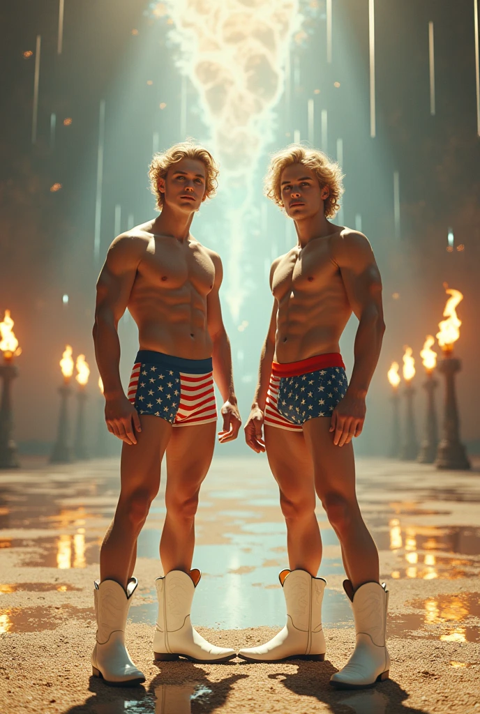 2boy, long shot, full body angle visible, face detail, arms detail, body detail, legs detail, feets detail, hands detail, male body, soft youthful face, slim male body, clear cold skin, curly blonde shoulder-length hair, boxer underwear with American flag print, a large pelvic bulge, detailed White cowboy boots on the feet, immense and grand rodeo field, gravel floor, an afternoon sky as seen in the background, full body, body hairless, dominating, white or white skin, boy soft face, gighly light, highly detailed, looking at the audience, photography, detailed skin, real person, crazy detail, hype maximization, lightin stone temple, crystal prisms descending from the ceiling, floor mirroring the ceiling, fiery torches, an afternoon sky as seen in the background, full body, body hairless, dominating, white or white skin, boy soft face, gighly light, highly detailed, looking at the audience, photography, detailed skin, real person, crazy detail, hype maximization, lighting complex detail , Highly detailed, Digital painting, artstation, concept art, smooth, sharp focus, illustration, Unreal Engine 5, art by Ross Tran and Greg Rutkowski and Alphonse Mucha, Show men only .8k Ultra HD, dslr, dim lighting, high quality, film grain, Fujifilm XT3, 2-person, two-person model. hype surrealism, hype surrealism, by Shen Quan, perfect body, beautiful young male model, an attractive man 18-2 aesthetic, Sunshine sports student, asianboy, bulgej8, Noosphere, fantasy dark, light and cold aesthetics,