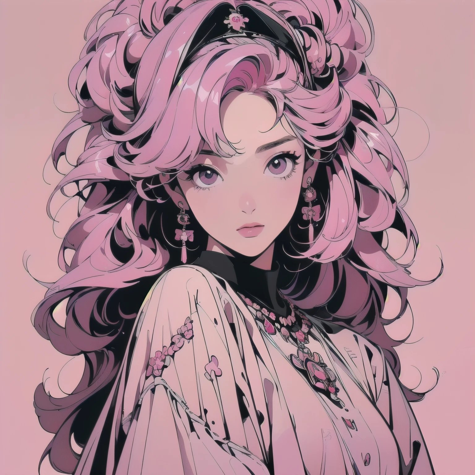 (((masterpiece, Highest quality))), (((32K Wallpapers))), Ultra-high resolution,Trigun、people、Beautiful woman、Movie Posters、Upper Body、Model pose、mysterious、Small breasts、Black Hair、Short sleeve、(((A detailed and complex drone)))、(((The perfect drone)))、(((A luxurious hair accessory with attention to detail)))、(((Pink Hair)))