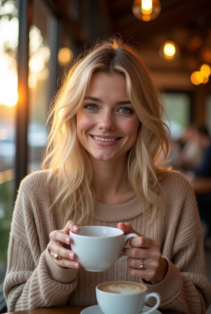 beautiful blonde wearing a beige sweater (sipping coffee in a modern cafe at sunset), very detailed, 2, visage innocent, natural wavy hair, blue eye, high resolution, head of'artwork, best quality, intricate details, very detailed, sharpness, detailed skin, realistic skin texture, texture, detailed eyes, professionnel, 4K, charming smile, shot with Canon, 85mm, shallow depth of field, kodak vision color, corps parfaitement ajusté, extremely detailed, Photo_\(ultra\), photorealistic, realistic, Post-traitement, maximum detail, roughness, real life, ultra realistic, photorealism, la photographie, 8k uh, la photographie