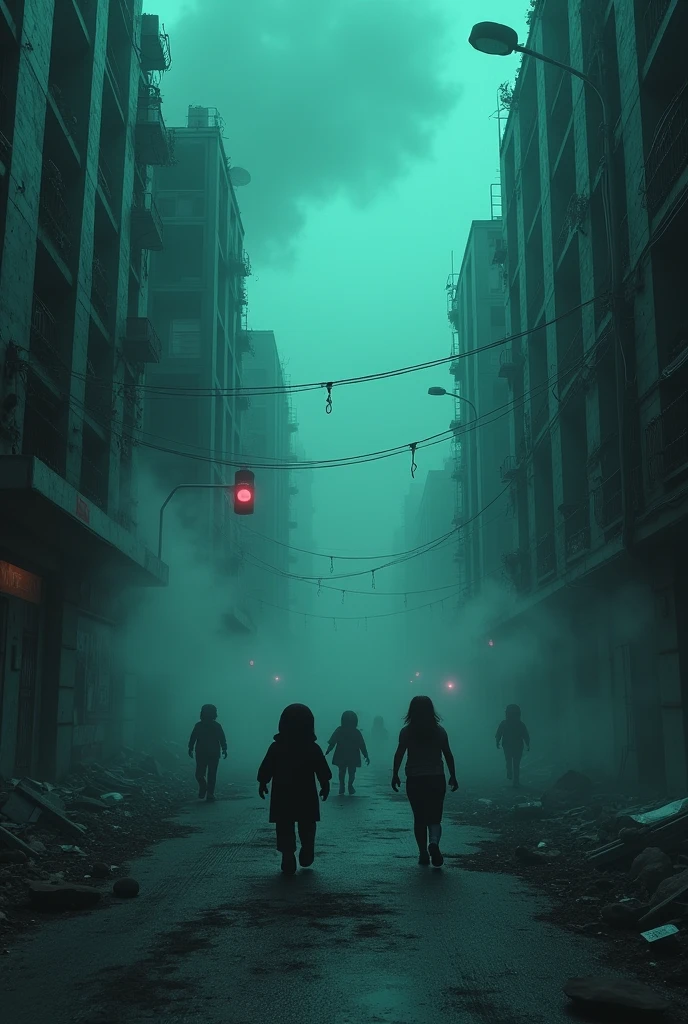 dvark sky with dark colors reminiscent of the Roblox gaming platform, iuts night time with a hyper immersive and hyper detailed playing scene where the environment is in a constant state darknes and abandonment. The scene is highly detailed in 8K resolution, with the city's structures and characters rendered with care, embodying an abandon feel reminiscent of a city in ruins, with messy streets full of dirt and dirty dark broken and ruinned buildings where the action of playing unfolds with a dynamic and immersive dark blueish smoke, almost total darkness and a lot of dark and a lot of dark clouds, full of smoke, and people fighting for their lives and almost realistic characters with the buildings absolutely destroyed and unrecognizable, a lot of smoek, so much that you cannot see anything and the smoke has to be like blue with green and the people facing backwards fighting and running, some chasing and some running, only 5 peple in total and the view gas to be really far away