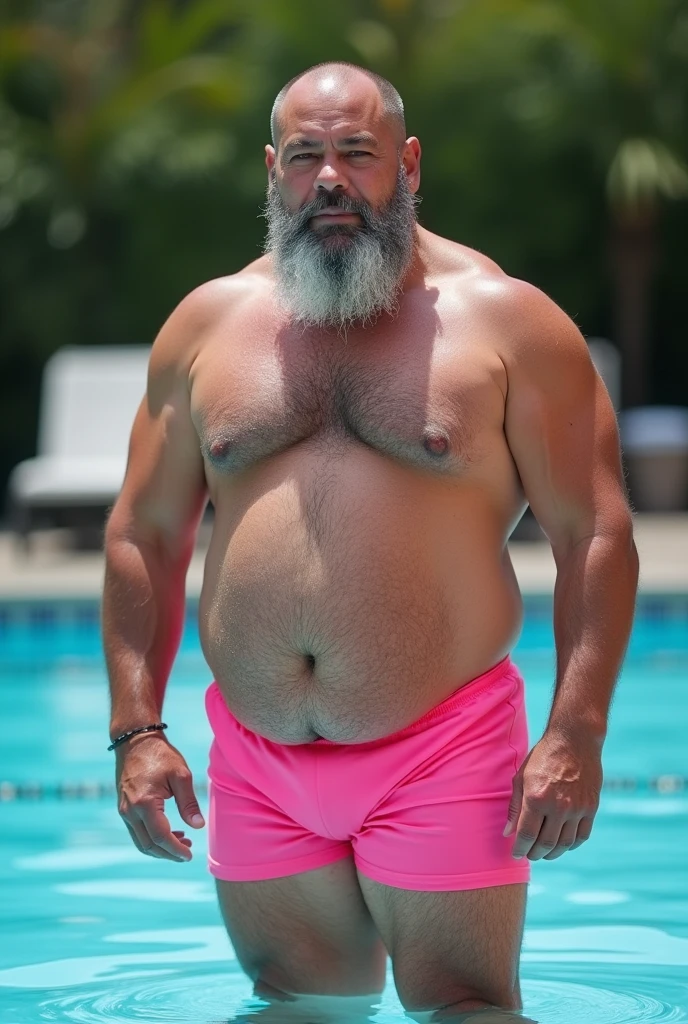 50 years old fatty lowered eyebrows World's Strongest Man, hairy body, Japanese man with a shaved head and beard, and a big and thick dick. wearing speedo pink neon color swimwear. in a pool side.