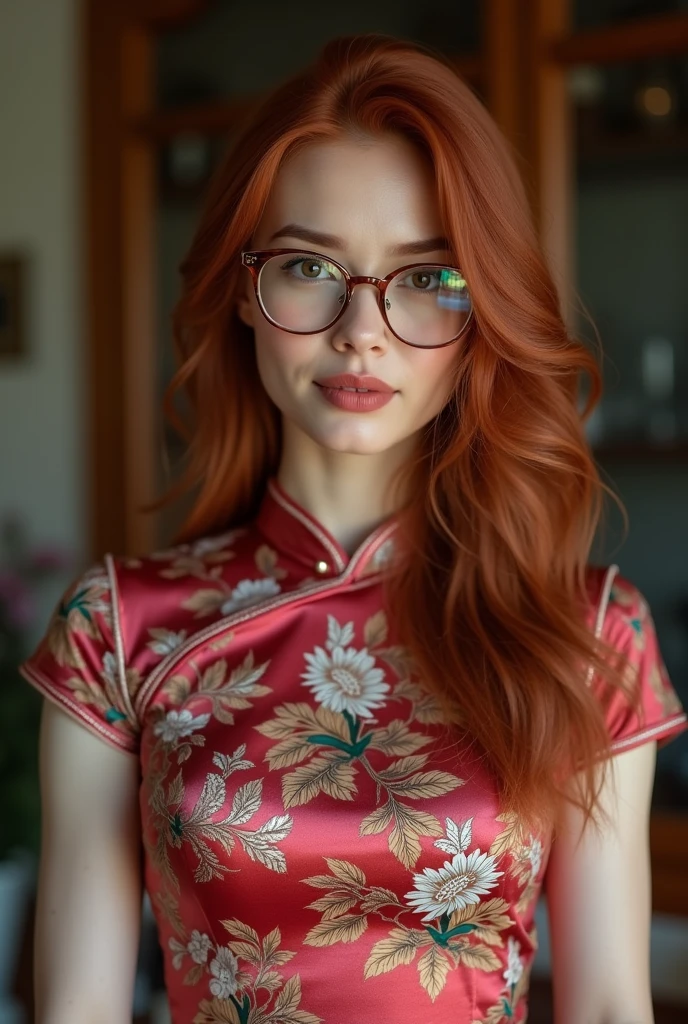 beautiful woman  , red hair with brown roots, looking directly at the camera, very realistic,  at home,floral  silk  cheongsam, clothes tight against body, clothes too tight, film grain, fit muscular body, clothes too tight, ,  seductive, sexy, short sleeves, glasses and long slashes