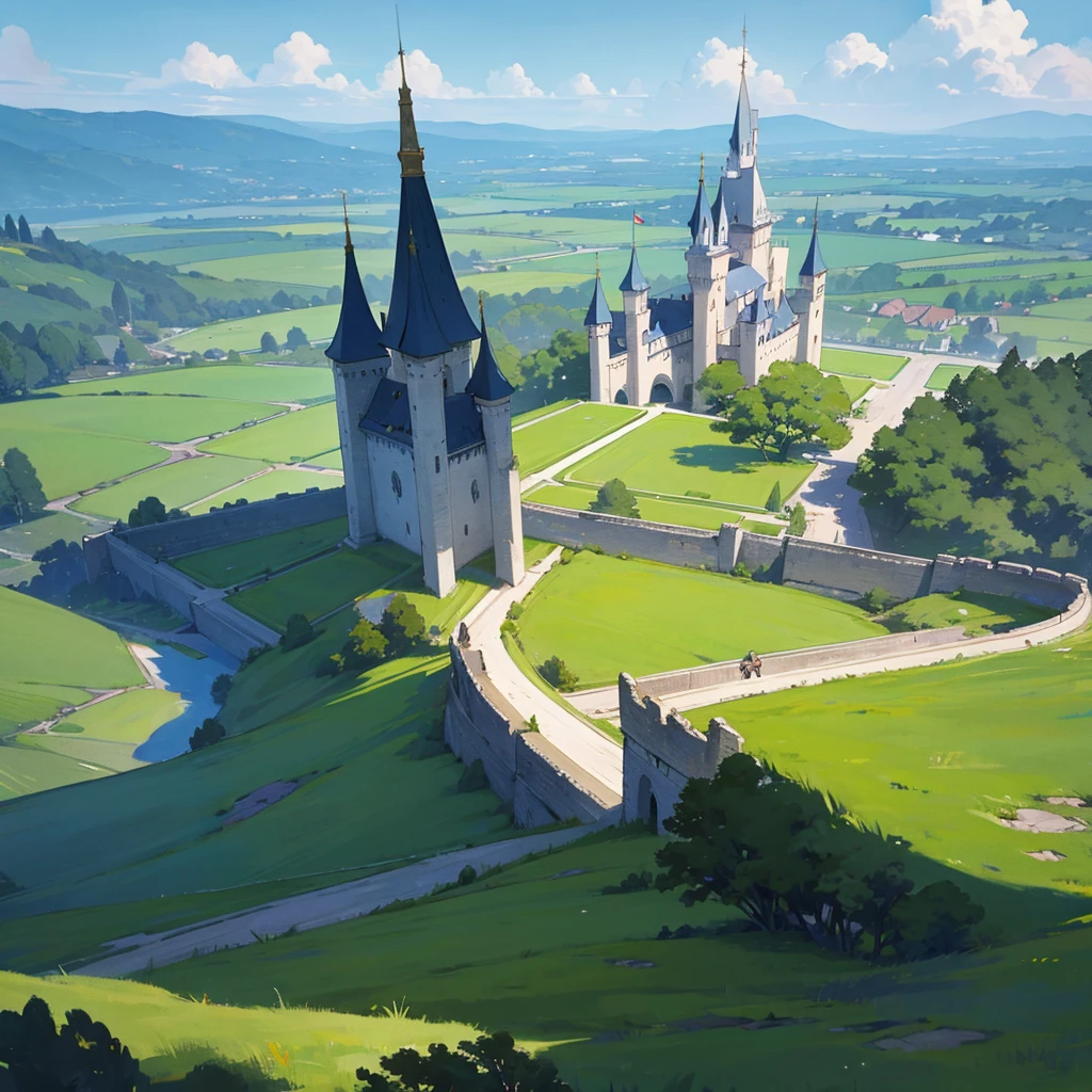 A land of grass with castle and trees