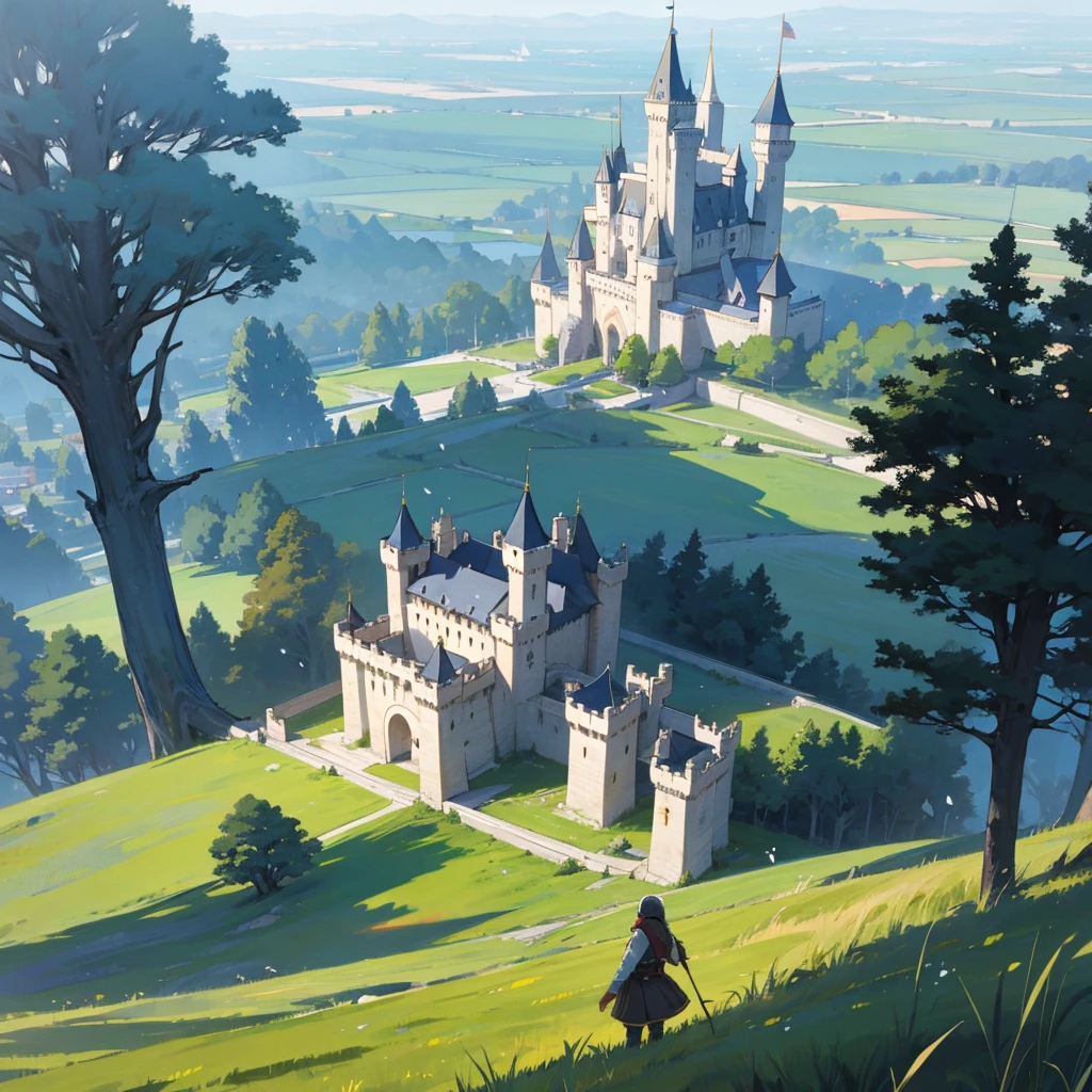 A land of grass with castle and trees