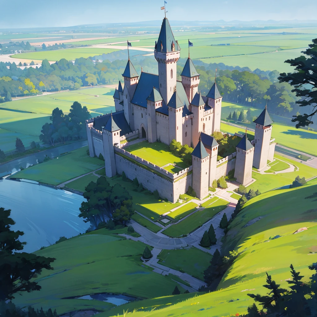 A land of grass with castle and trees