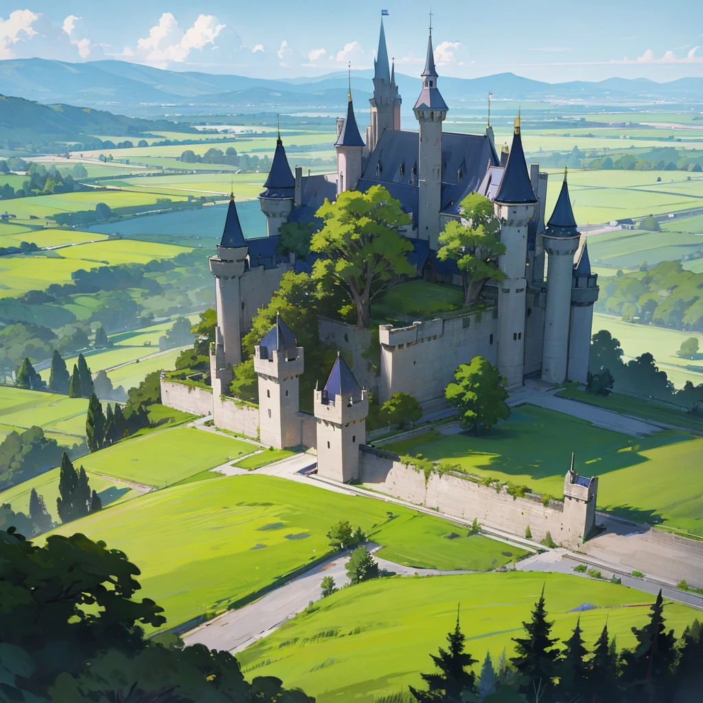 A land of grass with castle and trees