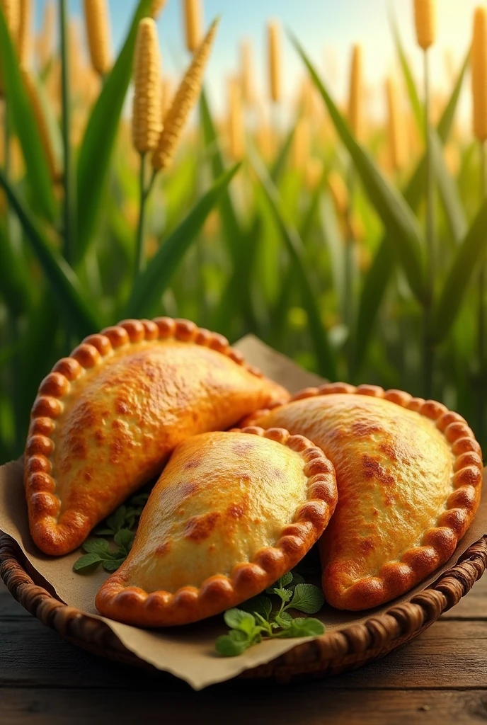 Images of 3 empanadas , with corn background 