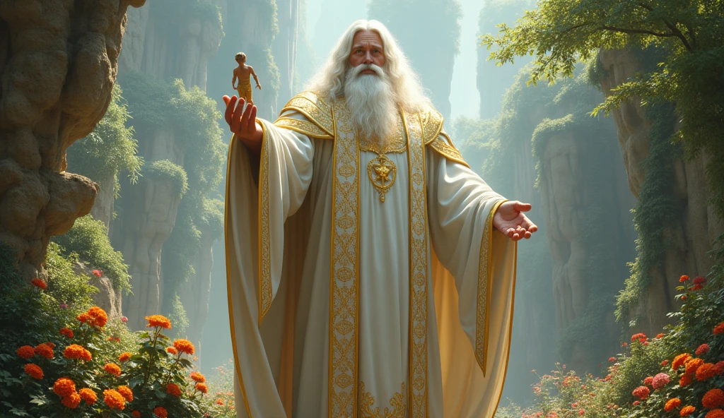 6k, 32k, UHD, masterpiece, best quality, upper body, God, who is super vast and gigantic, wearing white and shimmery gold robe, long white hair, white beard, holding Adam in his hand. God is super Gigantic God looks downward, beautiful enchanting garden of Eden, God is super vast and gigantic