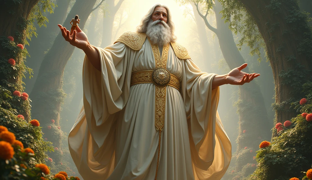 6k, 32k, UHD, masterpiece, best quality, upper body, God, who is super vast and gigantic, wearing white and shimmery gold robe, long white hair, white beard, holding Adam in his hand. God is super Gigantic God looks downward, beautiful enchanting garden of Eden, God is super vast and gigantic