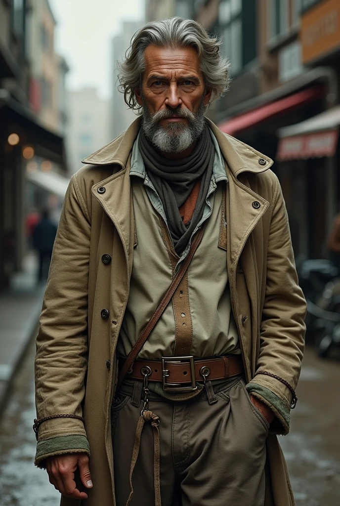 Create an image of a man who has a face that expresses wealth and sophistication, but he's dressed like a beggar. The man should look well-groomed and have the characteristics of a wealthy person., as an expression of confidence and an intelligent look. however, he is wearing dirty clothes, torn and in poor condition, typical of a homeless person. Clothing must be dirty and worn, with visible stains and tears, contrasting sharply with his countenance. The scene is supposed to capture the duality between his wealthy appearance and his beggar's attire..