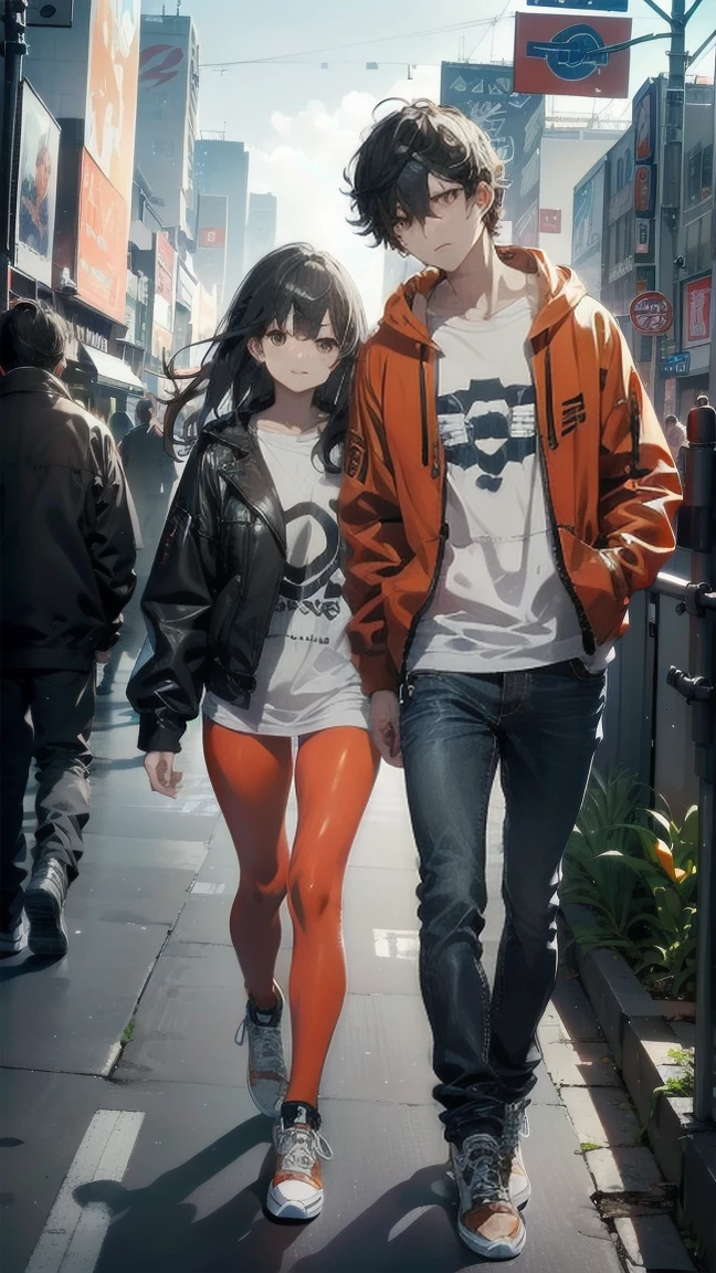 ((top quality, ultra detailed, High resolution, Extremely detailed CG, unity wallpaper 8k, by famous artist, perfect anatomy, super detailed skin, cinematic lighting, HD, retina, anatomically correct, 1080P, Size, wallpapers, anime-light novel style.)) Only 2 characters in the picture, a young boy and girl, 18 years, ((A girl, long light brown hair with light blue eyes., Clean and tidy clothes, She is wearing a red leather jacket, white shirt, black joggers, well formed body, great search, toned body, leafy thighs)), ((A young man, White skin, black messy hair, very dark hair, bright gray eyes, SERIOUS LOOK, expressionless face,. Clean and tidy clothes, He is wearing an orange sweatshirt, blue jeans, y sneakers, athletic body, slender)) They pose side by side, separdos, in the middle of shibuya crossing, Inspired by artist Shunsaku Tomose: ask, Art Style : ask