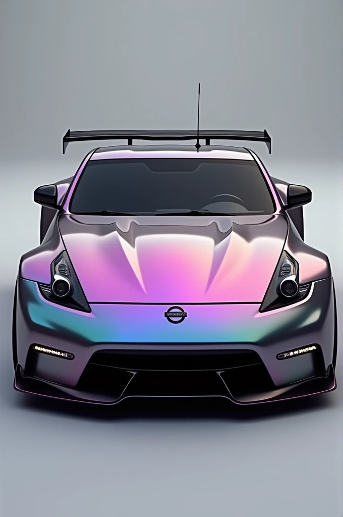 Create a 350z with a pearlescent color, chameleon in black, pink and purple.. black headlights, very dark black glass. The wheels stick out a little.. it's a big airfoil