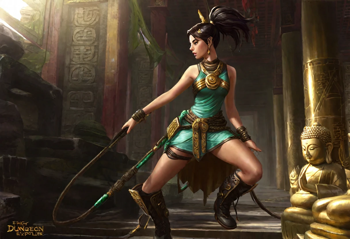 Aubrey Plaza (dungeon explorer outfit, whip on hip, pistol on hip, hair in pony tail, heavy boots) is examining the glyphs on a Buddha Statue. vine infested ancient temple
