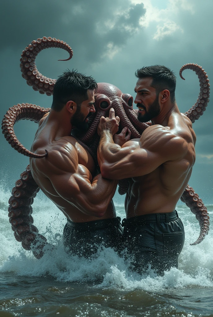 (photorealism:1.2), strong men wrestling with octopus
