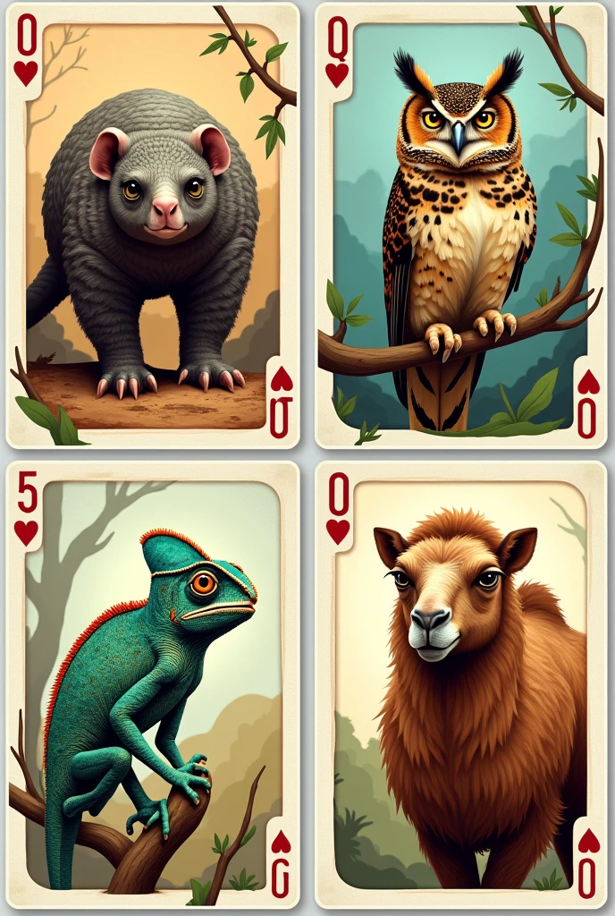 Cards with the characteristics of wild animals, . Armadillo. Owl. chameleon. camel