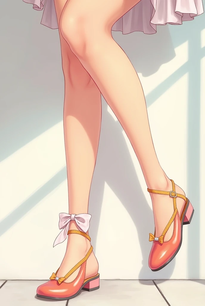 Generates an anime girl showing her legs wearing flat shoes with a bow and ankle strap