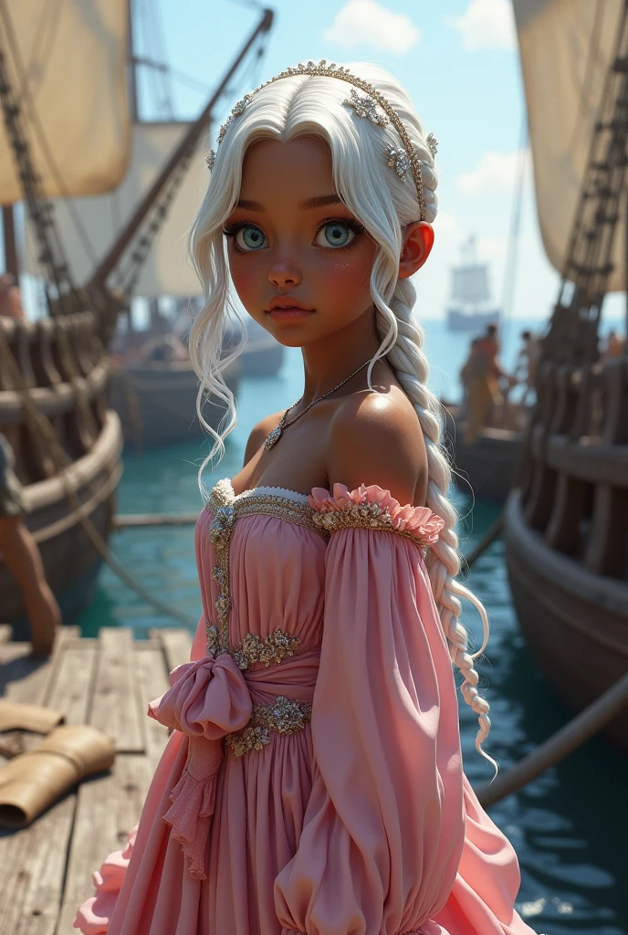 Make a realistic image of a 1 adolescent girl Black cashew skin , white hair and blue-gray eyes.
She is wearing a pink medieval dress, and is in a medieval maritime setting.