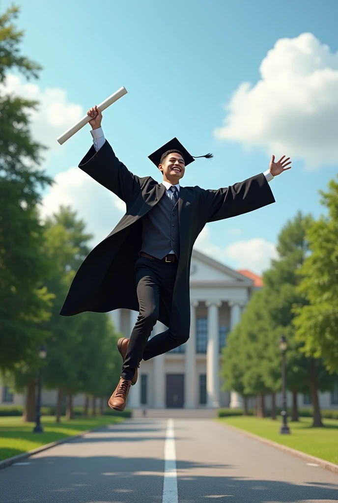 (masterpiece), (Best Quality), 4k, 8k, high definition resolution, cartoon, 1 chico, graduation, Graduates, indonesian graduation, black long pants, Toga has, holding diploma scroll, jumping on the road, university building background, White clouds, blue sky, garden, trees, photo realistic INFO