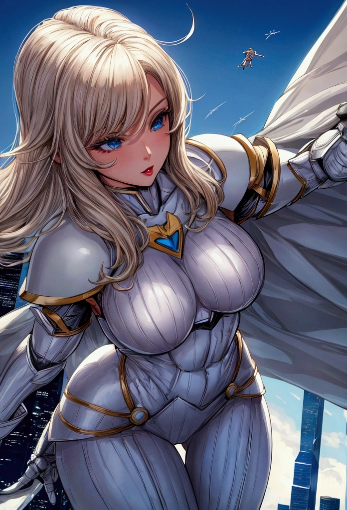 DC comics Power girl with a very cute elegant white armor, dark blonde hair, Indecent flies through the middle of 4000 feet skyscrapers in a futuristic city