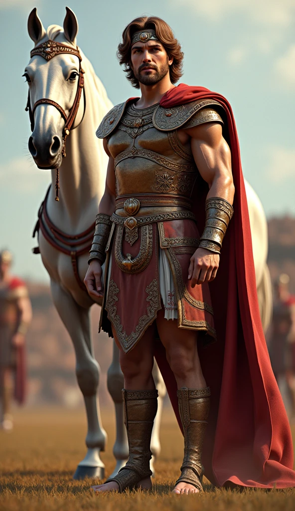 Front view , Full-body,  looking at viewer, sole, Great of king, Alexander , Empire of Greek, standing pose,  stand  on field ,  White horse, gorgeous harness,  30 years-old, handsome,( wave perm , brown hair , serious,),(diadem ,White head band Crown with jewel),  normal body,  ((An ancient Greek emperor wearing traditional imperial wear, body of leather armor and emboss of  Apron face , shoulder and arm protector  , red crock)), Gorgeous sandal, noon　,(Textured skin , HI Detail Skin, (Shorthand, Canon, 8k, Anatomically correct, Super Detail, Attention to detail, Your Highness)