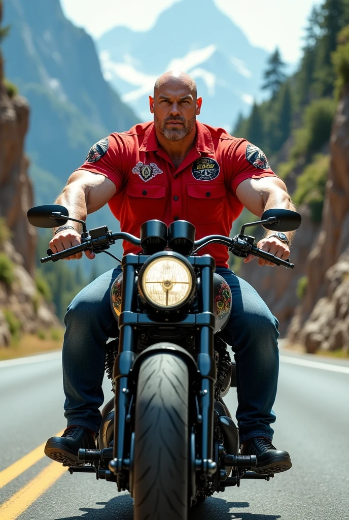 Big body builder white bald men wearing red double pocket shirt with logos at mountain highway on heavy motor bike
