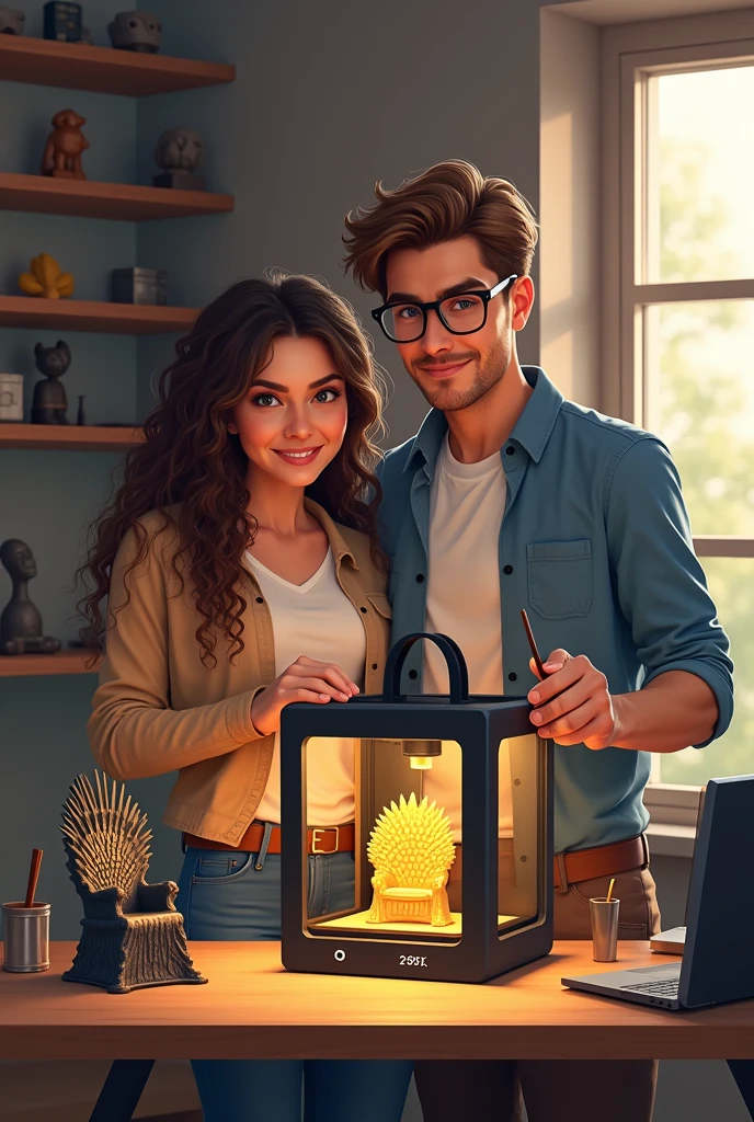 A realistic, detailed digital illustration of a young couple starting their 3D printing business in a cozy, modern workspace. The couple closely resembles the people in the provided reference image. The woman has light skin, with long, curly brown hair, and the man has light skin with short, straight brown hair, wearing glasses. They stand side by side near a high-tech 3D printer on a workbench, which is actively printing a detailed object. Surrounding the printer are 3D-printed items, including a small, intricately designed Iron Throne from "Game of Thrones," a realistic Clicker mask from "The Last of Us," and an elegant wand from "Harry Potter." The woman is adjusting the printer with a focused expression, while the man proudly holds up a freshly printed piece, both showing enthusiasm and pride in their work. The background is filled with more 3D-printed collectibles displayed on shelves. The overall scene is warm and inviting, with realistic lighting that emphasizes the couple’s excitement and teamwork in their new venture.
