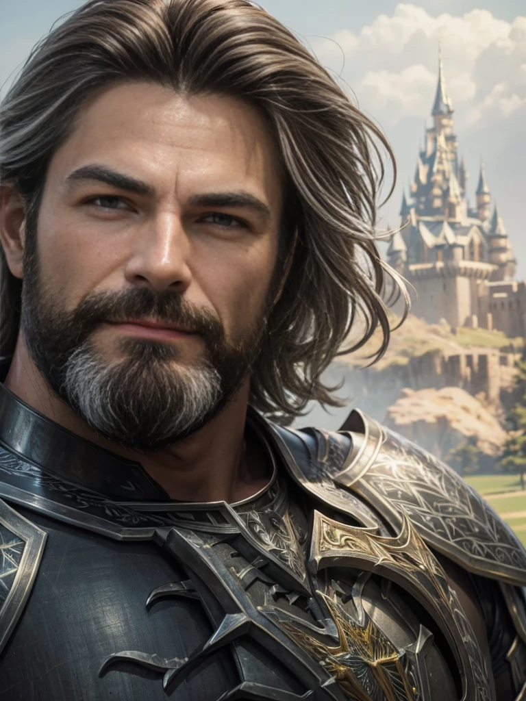 man (semi-cana beard 1.5) (long dark brown hair 1.2) (sexy smile1.0) Looking forward (honey colored eyes 1.2) few wrinkles 0.5 extremely detailed face 1.5 artwork 1.5 hyper realistic (((He wears silver armor with a magic tree drawn on his chest 1.5))) with green cape 2.0, half body in the background of the image a castle and several trees  