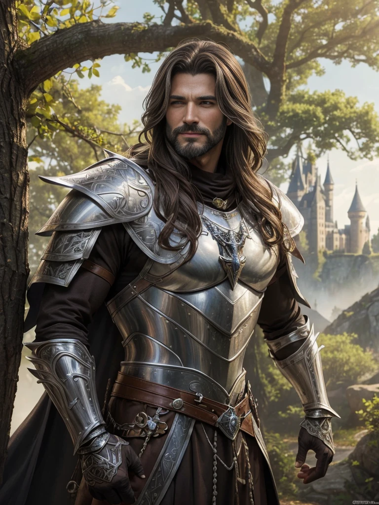 man (semi-cana beard 1.5) (long dark brown hair 1.2) (sexy smile1.0) Looking forward (honey colored eyes 1.2) few wrinkles 0.5 extremely detailed face 1.5 artwork 1.5 hyper realistic (((He wears silver armor with a magic tree drawn on his chest 1.5))) with green cape 2.0, half body in the background of the image a castle and several trees  