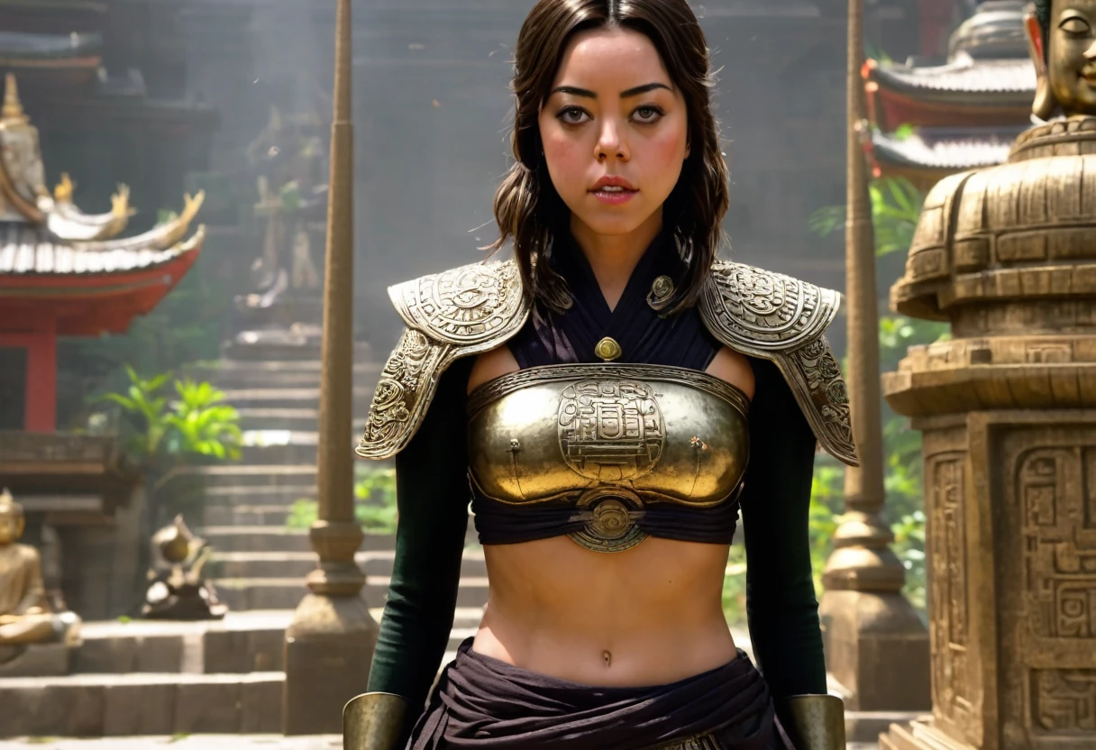 Aubrey Plaza (dungeon explorer outfit, whip on hip, pistol on hip, hair in pony tail, heavy boots) is examining the glyphs on a Buddha Statue. vine infested ancient temple
